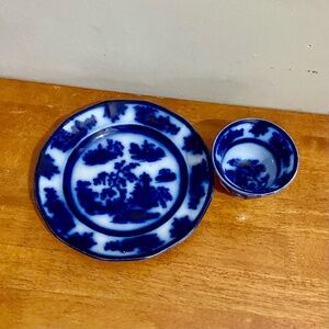 Antique, Rare, Wegdwood Chapoo, Variant Flow Blue Willow, 8.5in Plate  and Cup
